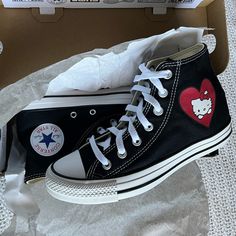 Brand New In The Box Never Worn Perfect Condition Price Firm Cute Black Low-top Sneakers, Black Cute Low-top Sneakers, Cute Black Lace-up Sneakers, Sanrio Converse, Converse Shoes Black, Sanrio Shoes, Hello Kitty Converse, Black Hello Kitty, Converse Tennis Shoes