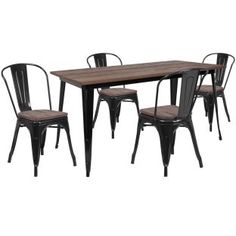 an image of a dining table and chairs set with wood top in black finish on white background