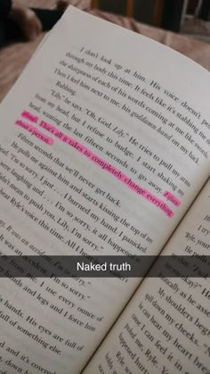 an open book with pink highlights on it and the words naked truth written in red