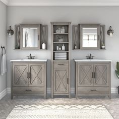 a bathroom with two sinks, mirrors and a rug in front of the sink area