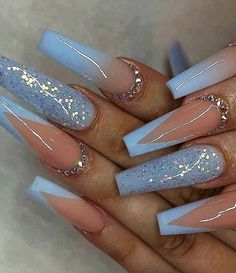 Long Acrylic Nail Designs, Blue Acrylic Nails, Winter Nails Acrylic, Coffin Shape Nails, Nail Swag, Bling Acrylic Nails, Acrylic Nails Coffin Short