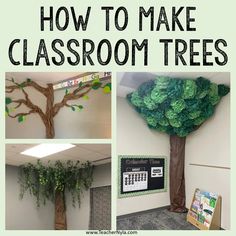 four different pictures with the words how to make classroom trees in green and white colors