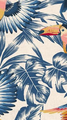 a tropical print with toucan birds and palm leaves