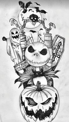 a black and white drawing of a jack - o'- lantern with pumpkins