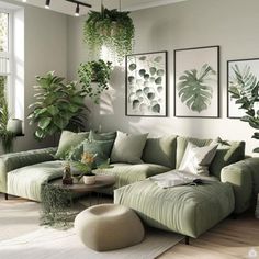 a living room filled with lots of green furniture and plants hanging on the wall above it