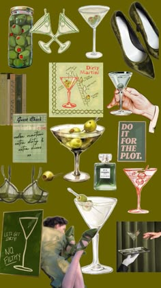 collage of various items including martinis, shoes, and postcards on green background