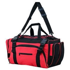 a red and black duffel bag on a white background