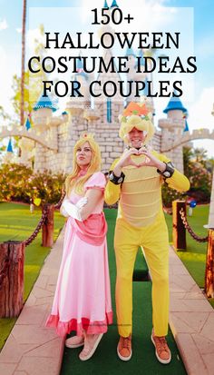 a man and woman dressed up in costumes for couples on the lawn with text overlay that reads, 150 halloween costume ideas for couples