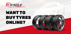 three tires are stacked on top of each other in front of a white car with the words, want to buy tyres online?