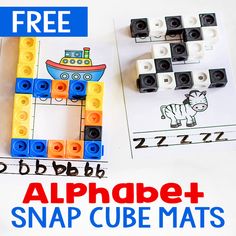 an alphabet and snap cube mats with free printables to help kids learn how to use them