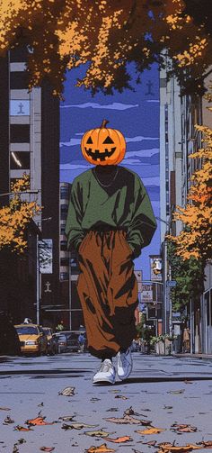 a person walking down the street with a pumpkin on their head