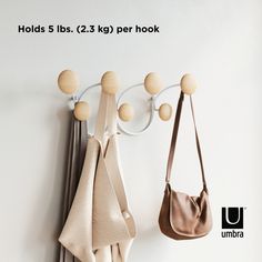 two purses hanging from hooks on the wall next to each other with text overlay that reads holds 5lbs 2 kg per hook