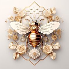 a gold and white bee surrounded by flowers on a gray background with an intricate golden frame