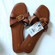 Never Worn Nwt Brown Leather Gold Buckle Slide Flat Sandal Crisscross Detailing Pricing Negotiable Within Reason Zara Slides, Zara Gold, Sandals Flat, Flat Color, Zara Shoes, Brown Gold, Slide Sandals, Flat Sandals, Capsule Wardrobe