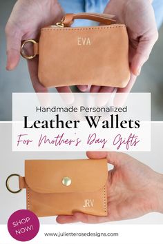 the leather wallet is being held up by two hands with text that reads handmade personalized leather wallets for mother's day gifts