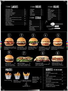 a menu with different types of burgers and french fries on the side, along with information about each item