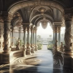 an artistic rendering of the inside of a palace with columns and statues on either side