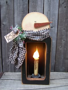 a lit candle in a small wooden box