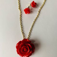 These Are Real Pretty Acrylic Red Roses, The Ear Post And Ear Nut Are Sterling Silver And The Red Rose Chain Is Gold Tone. Red Rose Necklace, Red Rose Design Flower Necklace, Red Rose Design Flower Pendant Jewelry, Rose Red Flower-shaped Earrings For Pierced Ears, Red Flower-shaped Jewelry With Rose Design, Red Flower-shaped Necklace With Rose Design, Neck Pieces Jewelry, Fashion Rings Silver, Garnet And Diamond Ring