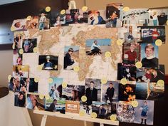 a bulletin board covered in pictures and magnets