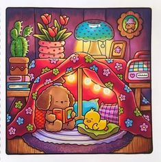 a drawing of a teddy bear sitting in front of a tent with lights on it