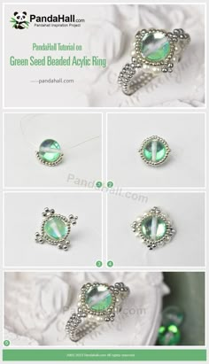 the instructions for how to make green beaded acrylic rings with crystal stones