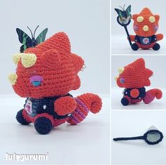 crocheted stuffed animal with hat and butterfly on it's head, sitting in front of a white background