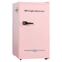 a pink refrigerator sitting on top of a white floor next to a black handle and door