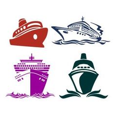 four different types of cruise ships in various colors and shapes on a white background,