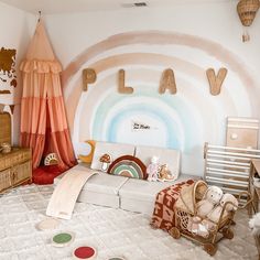 a child's playroom with lots of toys on the floor