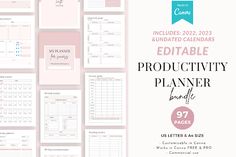 the editable product planner is displayed on a wall with pink and blue accents, including numbers