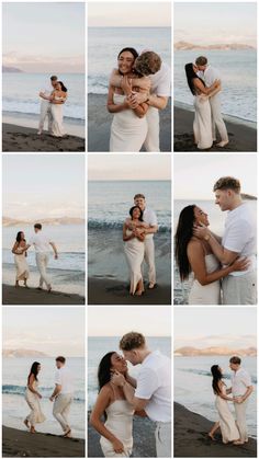 a collage of people standing on the beach with their arms around each other and kissing