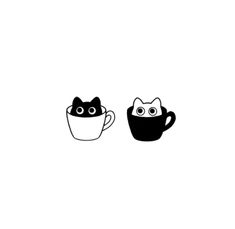 two black and white cats sitting in coffee mugs with eyes drawn on the side