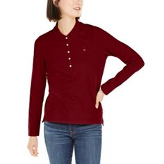 Tommy Hilfiger Long-Sleeve Polo Top Women's Clothing - Tops. Classic Stretch Red Tops, Classic Red Stretch Tops, Trendy Burgundy Cotton Tops, Classic Burgundy Fall Top, Tommy Hilfiger Long Sleeve Tops For Spring, Trendy Tommy Hilfiger Tops For Fall, Classic Long Sleeve Tops In Burgundy, Classic Long Sleeve Burgundy Tops, Tommy Hilfiger Red Long Sleeve Top