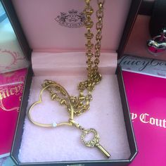 Nwt This Is A Heavy Well Made Gold Plated Juicy Couture Charm Holder Necklace That Comes With The Original Skeleton Key Which Is Lovely By Itself With Scrolls .. The Heart Has One Rhinestone. These Are Hard To Find With The Key And New Never Worn In Original Box.. This Is A Bold Piece You’ll Definitely Get Noticed.. Thx For Checking Out My Closet! Key Necklaces, Charm Holder Necklace, Couture Necklace, Charm Holder, Juicy Couture Charms, Juicy Couture Jewelry, Jewelry Accessories Ideas, Skeleton Key, Accessories Ideas