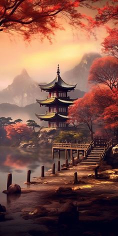 a painting of a pagoda on the water with trees and mountains in the background at sunset