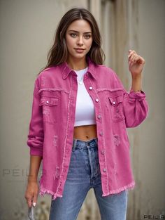 Peilia - Womens Casual Denim Coats with Ripped Holes and Frayed Hem, Long Sleeves and Lapel, Stylish Denim Jackets Pink Denim Jacket, Denim Jacket