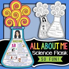 an all about me science flask is shown with the text,'all about me science flask so fun '