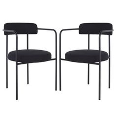 two black chairs with arms and legs, one has a seat cushion on the back