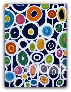 an abstract painting on canvas with circles and dots in blue, green, orange, yellow