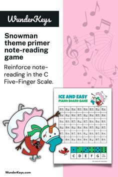 the snowman theme primer game is shown in pink and white with music notes on it