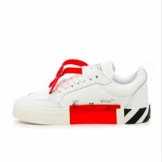 Ironic, Relaxed, And Cool, The Off-White Vulcanized Sneakers Are A Must-Have For Anyone's Collection, No Matter Their Age. The Brand's Aloof Persona And The Shoe's Laid-Back Style Makes These Kicks Perfect To Highlight A Budding Fashion Guru's Style. About The Brand: When Virgil Abloh First Released His Fashion Collection In 2012, He Had No Idea The Legacy That Would Follow. Now, Off-White Is Taking The Industry By Storm Thanks To Its Ironic "Too Cool To Care" Style Loved By Celebrities. Dare To White Low-top Custom Sneakers With Logo-print Tongue, White Leather Skate Shoes With Logo-print Tongue, Modern White High-top Sneakers With Logo-print Tongue, Modern White Sneakers With Logo-print Tongue, White Low-top Skate Shoes With Logo-print Tongue, White High-top Sneakers With Logo-print Tongue, Casual White Skate Shoes With Logo-print Tongue, White Low-top Skate Shoes With Contrast Sole, White Custom Sneakers With Vulcanized Sole For Streetwear