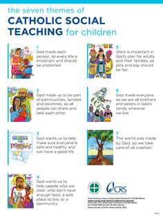 an advertisement for the seven themes of catholic social teaching for children with pictures of people