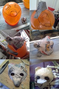 there are four different masks made out of newspaper and orange balls with faces on them