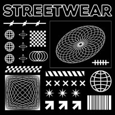 various geometric shapes and lines on a black background with the words streetwear above them