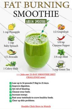 a green smoothie is shown with information about the ingredients and how to use it