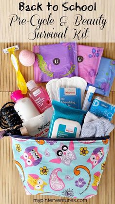 the back to school pre - cycle and beauty survival kit is packed in a bag