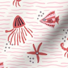 a pink and white wallpaper with sea animals on it