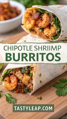 two burritos with shrimp, lettuce and cilantro on a cutting board