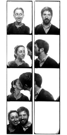 a couple kissing each other in front of a white background with six different pictures showing the same man's face and woman's head